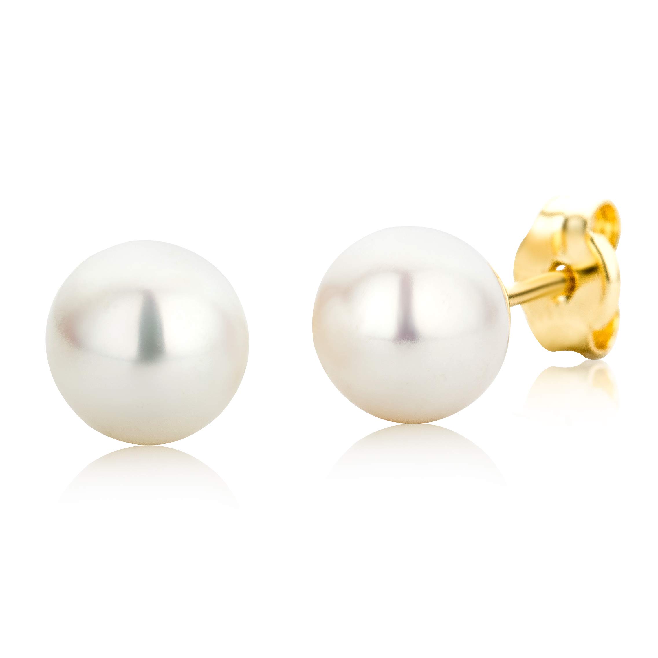 Miore Boucles d'Oreilles Femme, Clous d'oreilles, Or 14 ct 585, Perle de culture d'eau douce blanche, Design rond 6mm, Fermoir papillon, Fabriqué en Italie, Bijoux Femme avec Boîte à Bijoux
