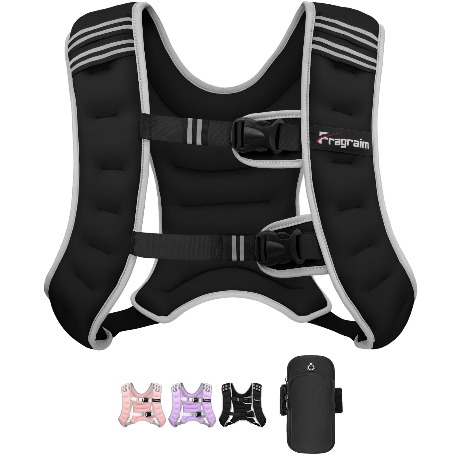 Fragraim Weighted Vest, 10kg Weight Vest for Women Men with Reflective Stripe, Detachable Phone Pouch, Ideal for Walking, Strength Training, Running, Workout, Cardio - Black