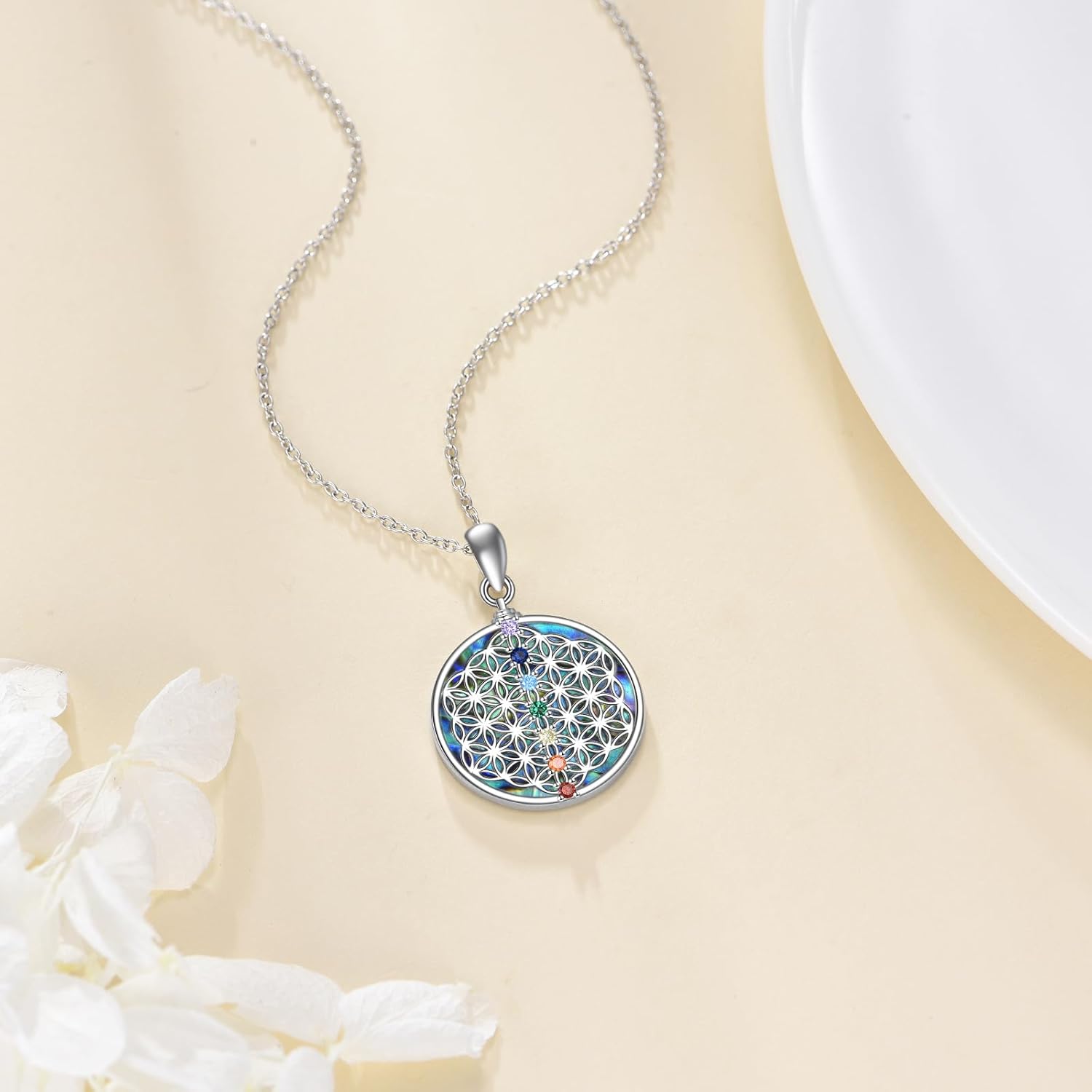 Flower of Life Necklace 925 Sterling Silver 7 Chakra Abalone Shell Pendant Necklace Flower of Life Spiritual Jewelry Gifts for Women - Image 6
