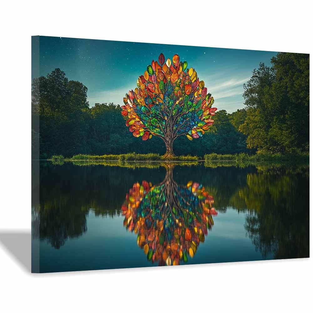 ZAMAEIU Tree of Life Painting Abstract Water-mirrored trees Panoramic Canvas Prints Pictures for Living Room Bedroom Home Office Wall Decoration(green)-70x100cm Framed