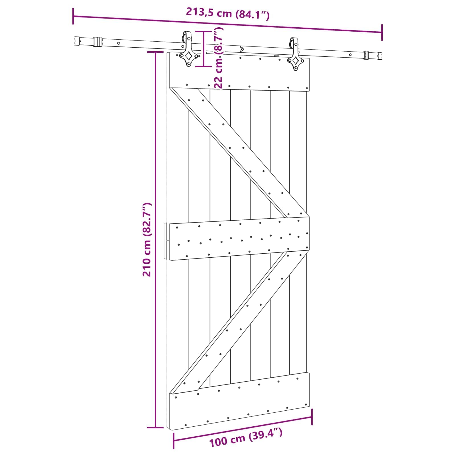 Porta scorrevole Narvik in legno di pino massiccio e acciaio verniciato a polvere, 100 x 210 cm, con binario scorrevole nero, salvaspazio per interni, ideale come divisorio e porta della