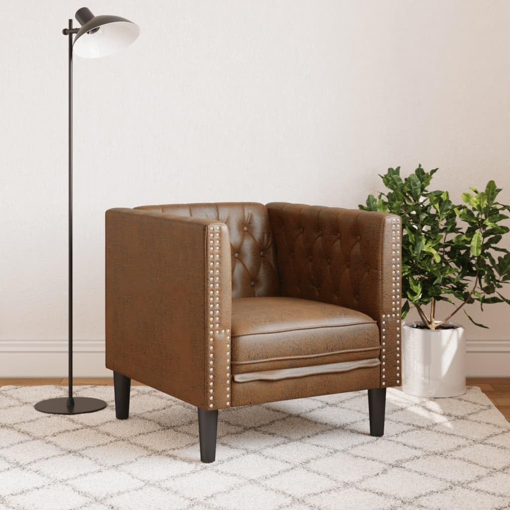 Chesterfield Sofa Chair Brown Faux Suede Leather (100% Polyester) Living Room Furniture