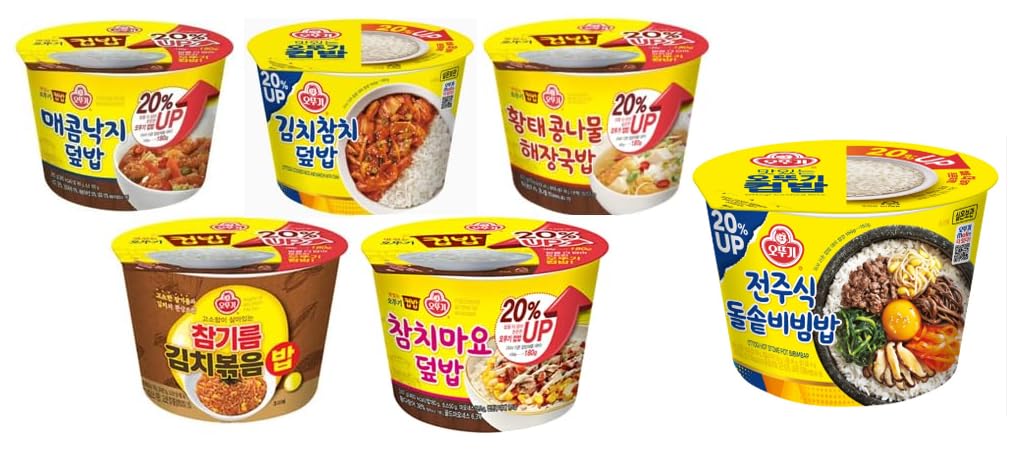 Ottogi Cupbop/ Cupbap/ Dupbap/ Cup Rice/ Cup Bahn /Cooked Rice with Spicy Octopus, Kimchi Sauce with Tuna, Dried Pollack Soup with Bean Sprout, Kimchi Fried Rice with Sesame Oil, Tuna with Mayonaise + Bibimbap Cupbap 오뚜기 컵밥 5종 세트 + 전주식 돌솥 비빕밥 ( 매콤낙지, 김치 참치, 황태콩나물 해장국, 참기름 김치볶음밥, 참치마요 덮밥 , 전주식 돌솥비빕밥) Microwavable Rice Bowls Variety Pack Assorted Set , 6 Pack Set
