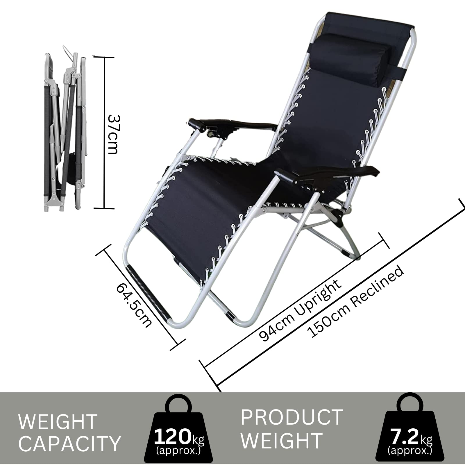 Garden Mile Juego de 2 sillas plegables reclinables de gravedad cero – Tumbona impermeable al aire libre con reposacabezas acolchado ajustable reclinable silla de asiento de acero fuerte cómoda