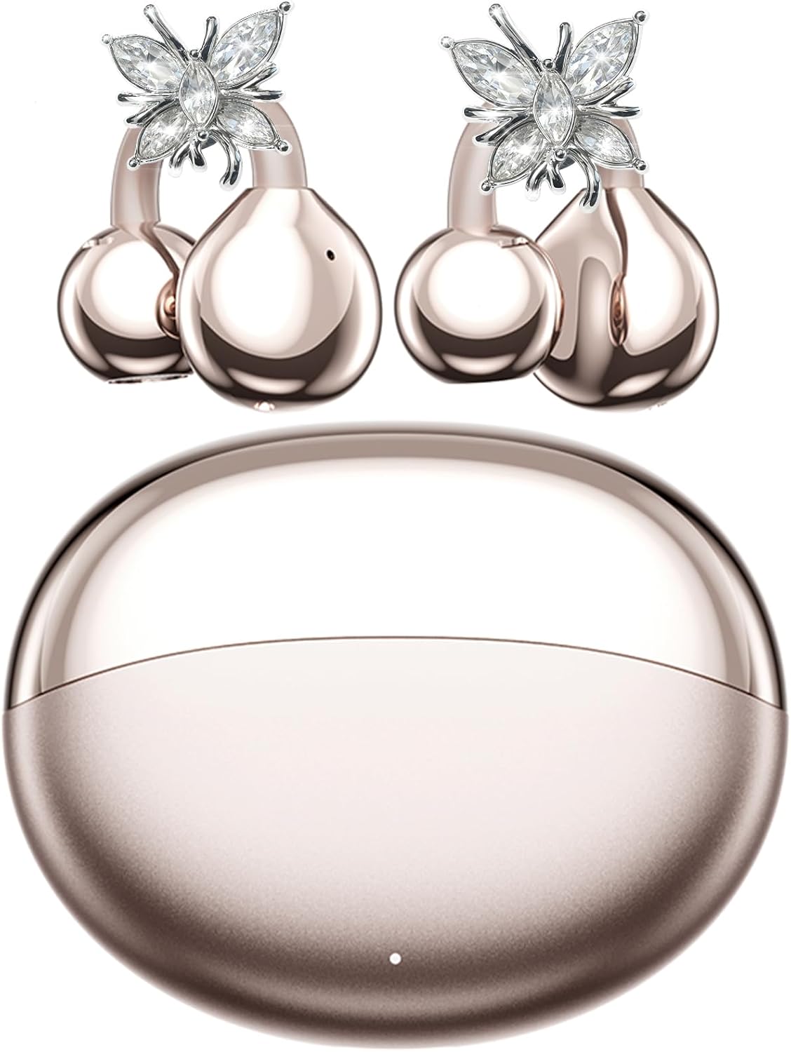 Clip On Wireless Earbuds for Women, 60H Battery, Ultra Lightweight Open Ear Design, IPX5 Waterproof, Bluetooth 6.0, with Detachable Crystal Butterfly Earrings for Gifts, Sports & Workouts (Rose Gold)