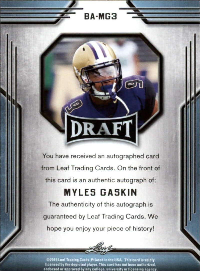 2019 Leaf Draft Autograph Auto Gold #BA-MG3 Myles Gaskin Wash Huskies SP