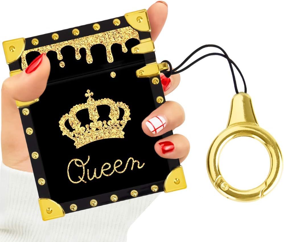 Fiyart Designed for Airpods 2&1 Luxury Queen Golden Crown Trunk Charging Cover Protective Case with Anti-Lost Keychain Strap Carabiner