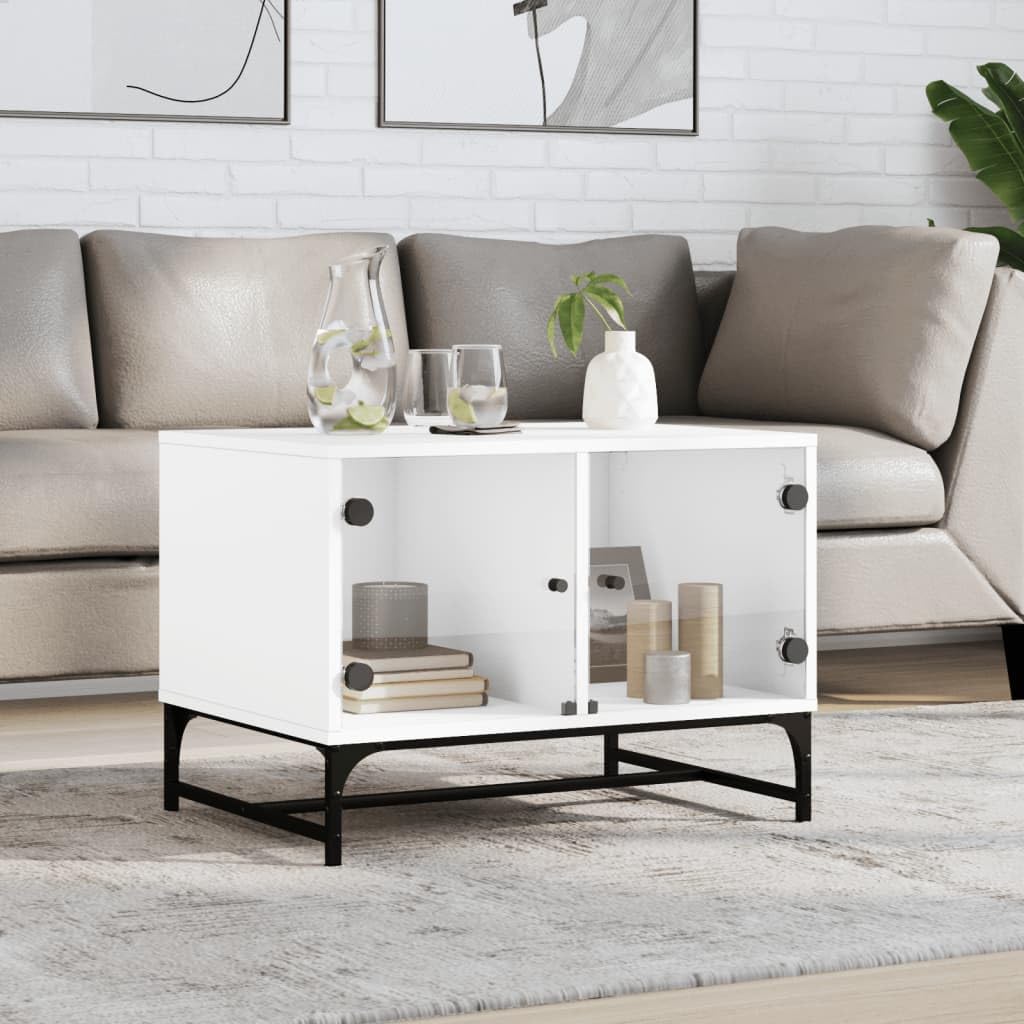 Homgoday Tavolino da caffè con ante in vetro, bianco, 68,5 x 50 x 50 cm, tavolino da tè per soggiorno, sala d'accoglienza degli ospiti, camera da letto e mobili da ufficio