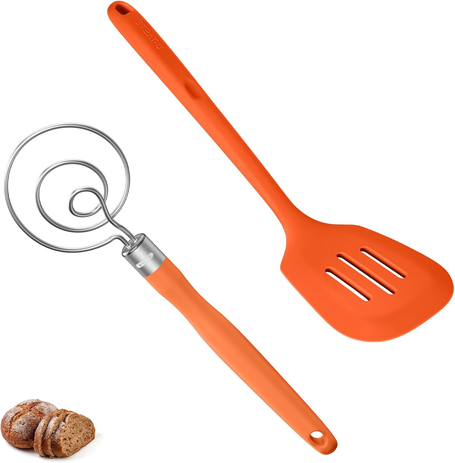 U-Taste 13.6" Slotted Silicone Turner 600ºF Heat Resistant Kitchen Spatula Flipper and 12.6in Stainless Steel Danish Dough Whisk (Orange)