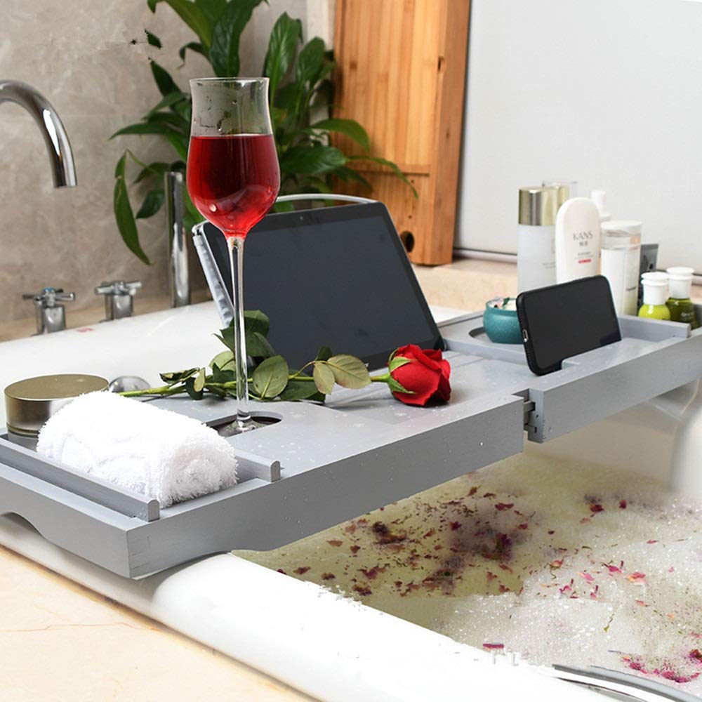 Estante para bañera Puente de Bandeja de baño de bambú con Lados Extensibles Soporte para Tableta para Libros Incorporado Bandeja para teléfono móvil Soporte para Copa de Vino Toalla de jabón Ban