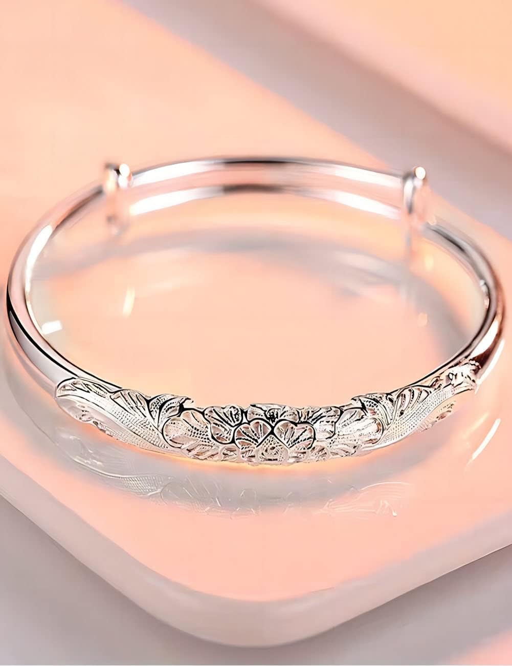 Kim Carrey S925 Sterling Silver Bangle Bracelet for Women, Adjustable 6.4-7.8 Inches, Elegant Small Size
