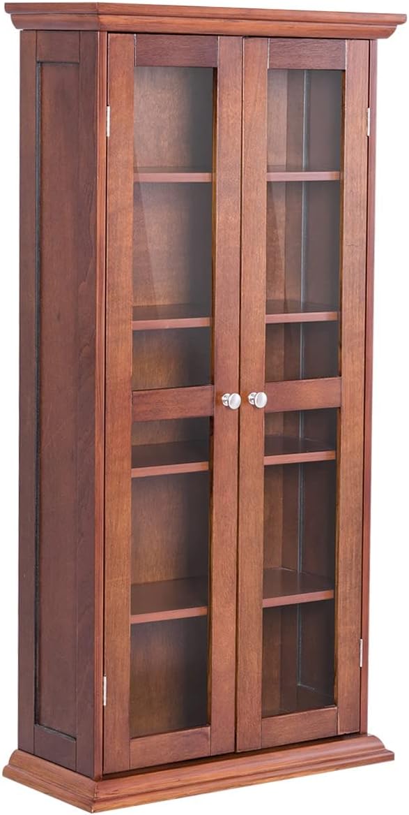 COSTWAY CD DVD Shelf Storage Cabinet with Doors, Rustic Wooden Media ...