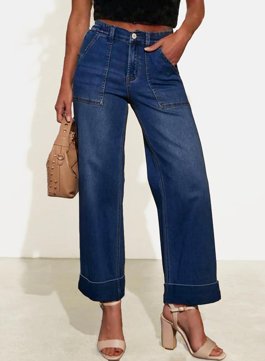 EVALESS Womens High Waist Wide Leg Jeans Trendy Cropped Denim Pants Solid Ankle Length Stretchy Jeans with Pockets - Image 2