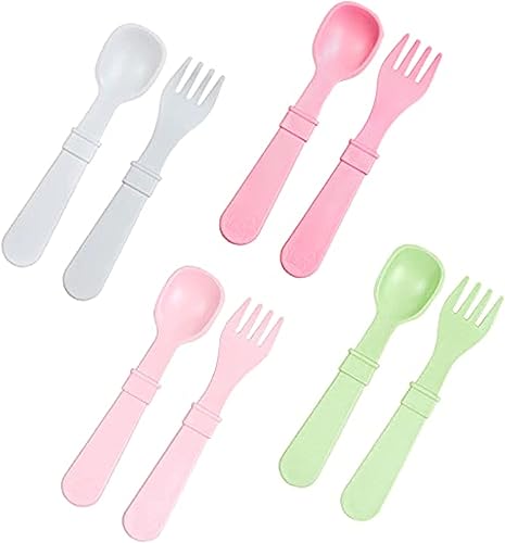 Re Play - Tenedores y cucharas para niños pequeños, paquete de 8 sin funda de transporte, 4 tenedores para niños con puntas redondeadas y 4 cucharas