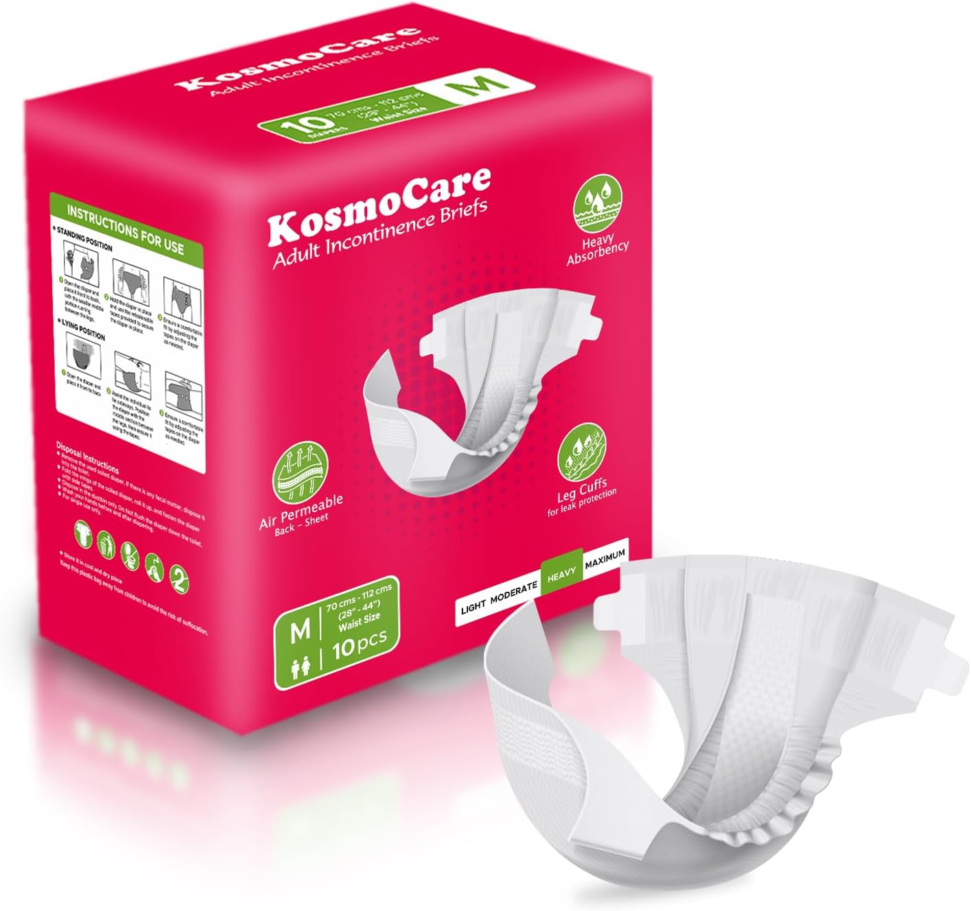 KosmoCare Adult Tape Style Diaper for Heavy Incontinence with maximum absorbent | Odor Guard| Cloth Feel Outer Fabric| Easy-Lock Fastener| Medium Size | Waist Size 28" - 44" - Count 10p