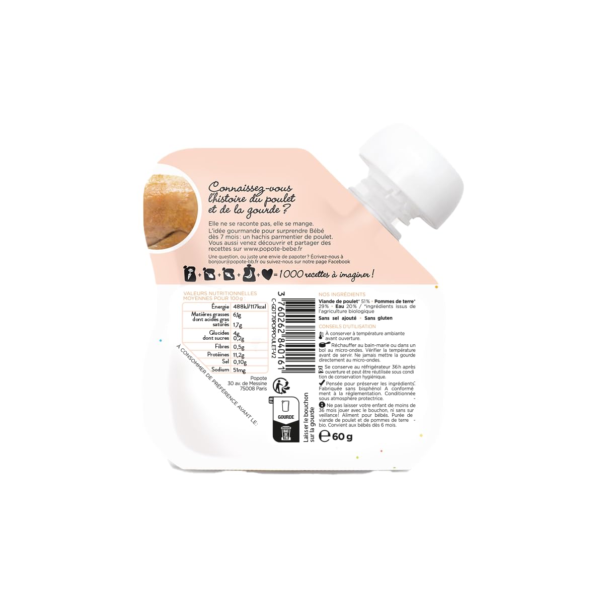 POPOTE – Purée Poulet Pomme de Terre Bio Bébé 60 g – Dès 4/6 mois – Gourde Individuelle – Diversification Alimentaire Bébé - Texture Lisse – Format Pratique à Emporter – Pack Familial 10 x 60 g