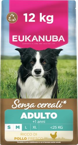 EUKANUBA Cibo secco per Cani senza cereali con pollo fresco per razze di taglia piccola e media - Alimento secco premium privo di cereali per Cani adulti, 12 kg