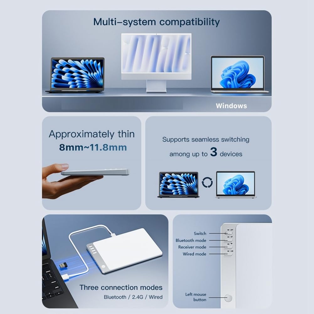 Trackpad Recargable de Gestos Multifuncionales Bluetooth + 2.4G Inalámbrico + Touchpad con Cable para Laptop