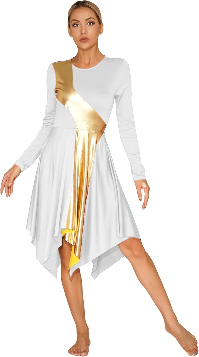 Women Metallic Praise Dance Outfit Worship Dance Costume Liturgical Lyrical Dance Dress with Pants