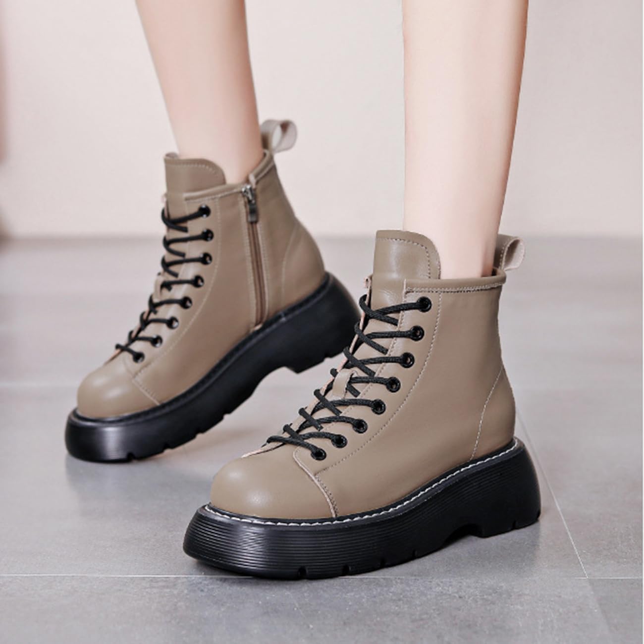 Womens Lace Up Ankle Boots Side Zip Lug Platform Motorcycle Boots Fashion Chunky Combat Boots