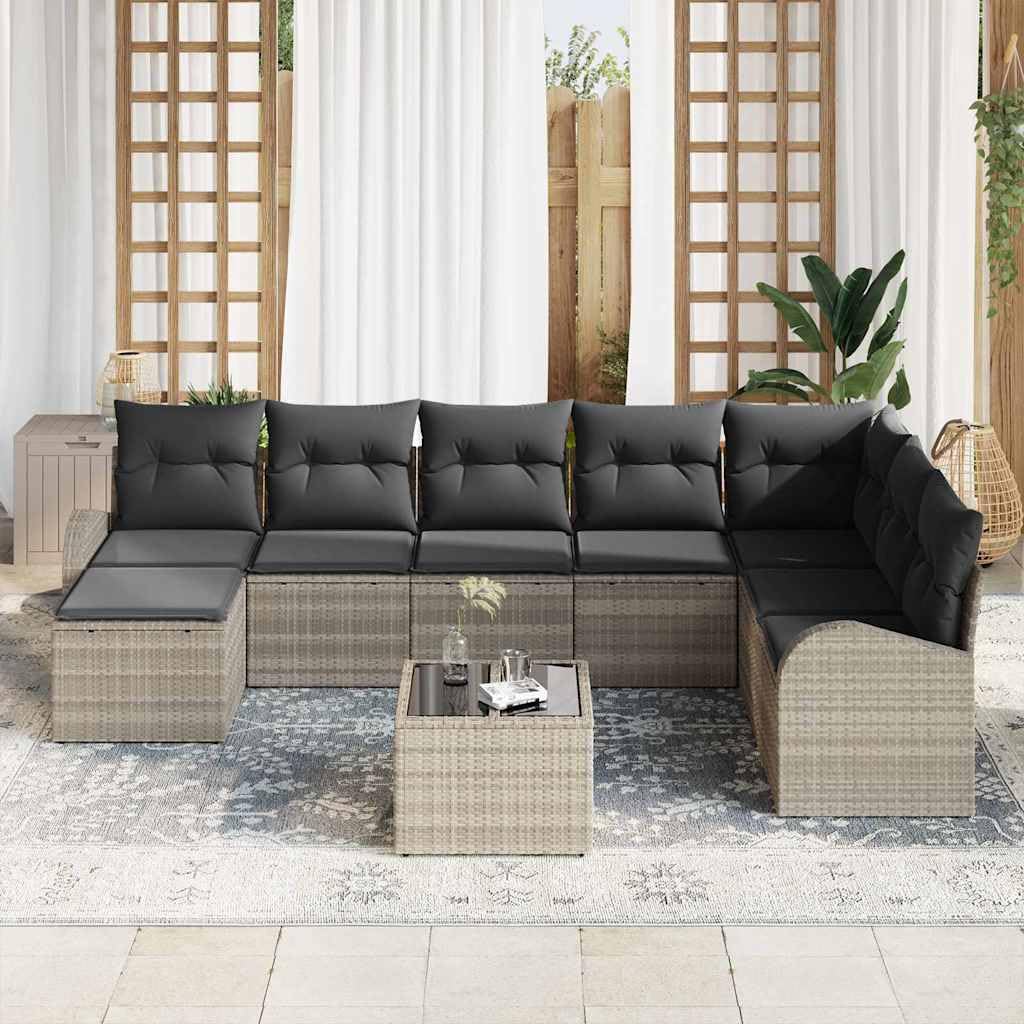 Set lounge 9 pezzi in polyrattan grigio chiaro, divano da giardino modulare con cuscini e braccioli, telaio in acciaio verniciato a polvere, design moderno, flessibile