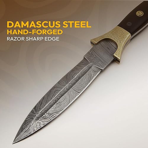 Miniatura 5 de Dessi Cuchillo de caza de hoja fija de acero de Damasco con funda para hombre, para campamentosupervivenciatácticohecho a mano, 9.5 pulgadas, SM29