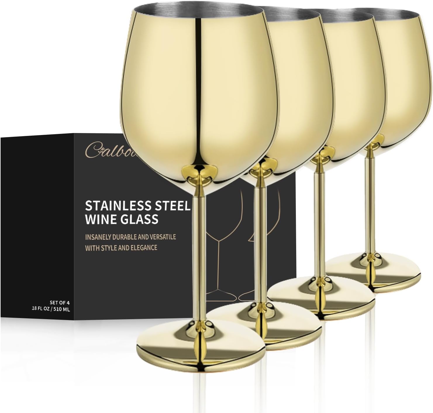 4Pcs Gold Stainless Steel Wine Glass 18 oz Unbreakable Wine Globets for Travel, Camping Picnics and Poolside, Resuable and Portable Metal Wine Glass for Christmas New Year Party