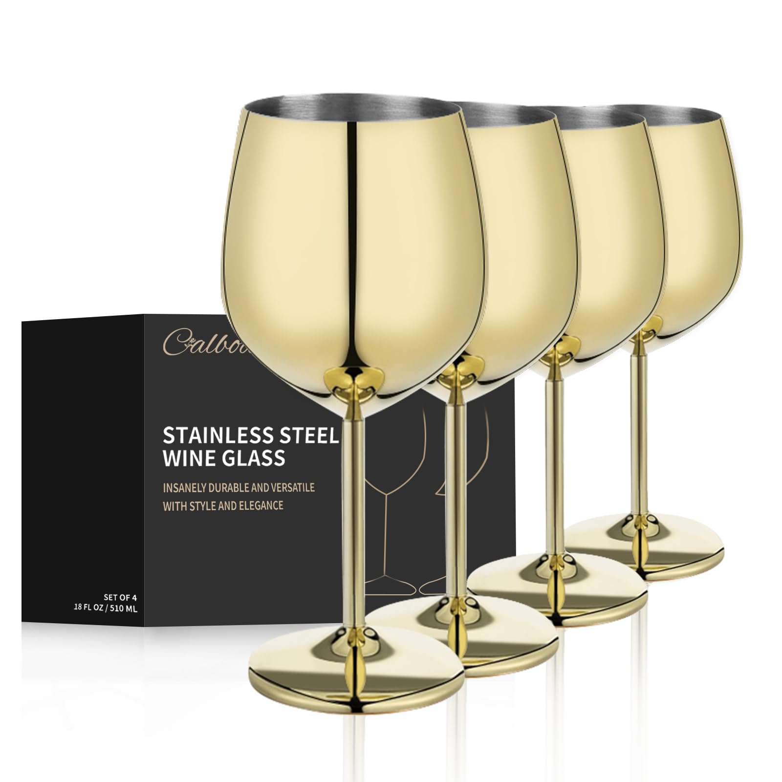 CALBODE 4Pcs Gold Stainless Steel Wine Glass 18 oz Unbreakable Wine Globets for Travel, Camping Picnics and Poolside, Resuable and Portable Metal Wine