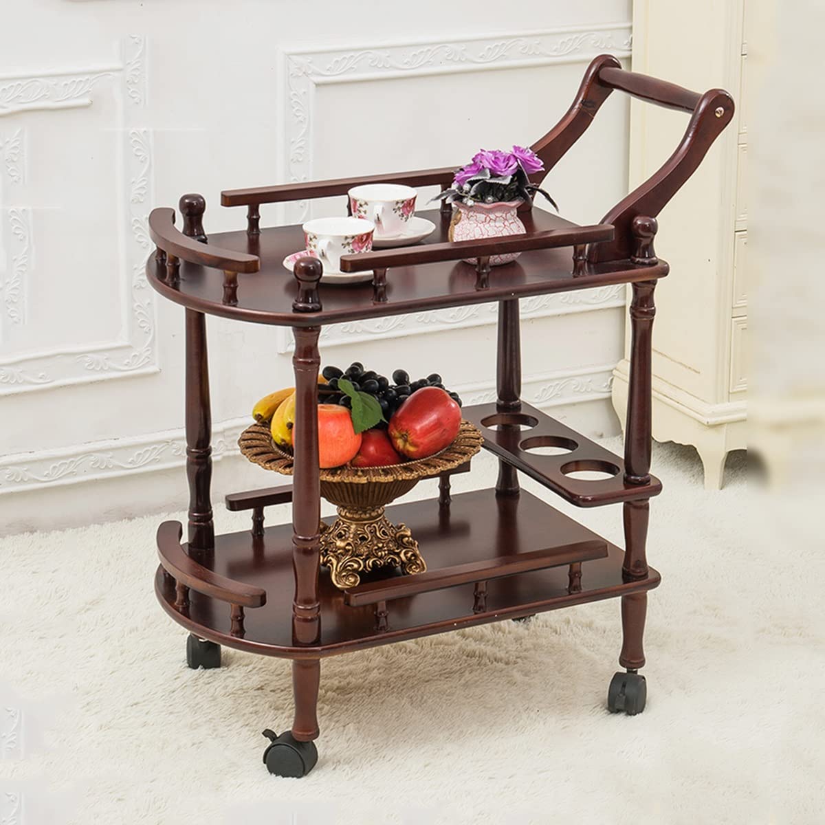 asdchZen Retro Wood Drinks Trolley Carts Restaurant Serving Trolley With Silent Brake Wheel,Rolling Storage Cart 2-Tier Shelves,Space Saving