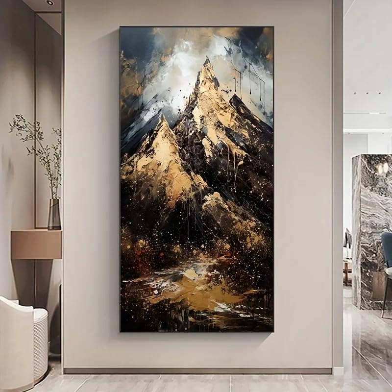 Tableau abstrait montagnes or et noir de qualité premium avec châssis bois