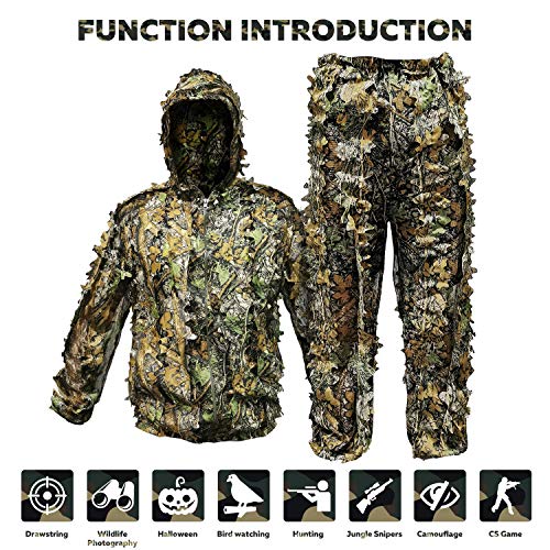 Ghillie Suit Outdoor Leafy Suit for Hunting Super Lightweight Hooded Camouflage Including Clothes Gloves Face Mask and Bag