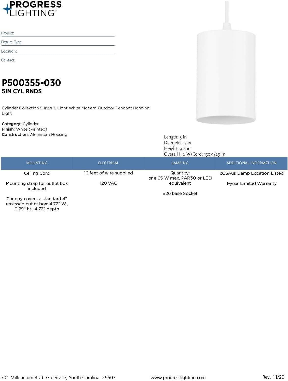 Progress Lighting Cylinder Collection 5-Inch 1-Light White Modern Outdoor Hanging Pendant Light
