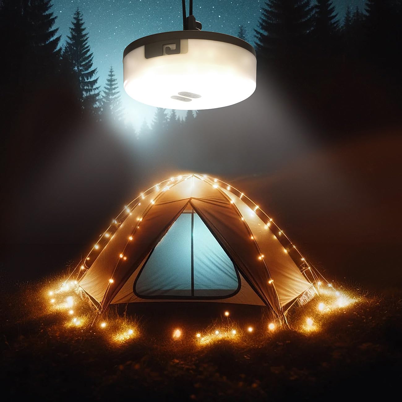 Lunartec Camping Lampe USB: 4er-Set 2in1-Akku-Campingleuchte mit Lichterkette, 6 Modi, IPX4, 10m (LED Lichterkette außen warmweiß, USB LED Lampe Camping)