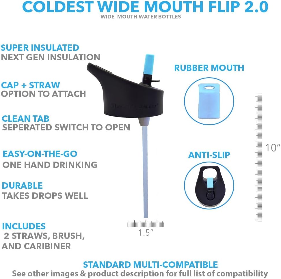 The Coldest Water Insulated Standard or Wide Mouth Size 2.0 - Hydro Sports Straw Cap Flip Top Lid - Multi Compatible with Standard Flask Mouth Size Stainless Steel Water Bottles
