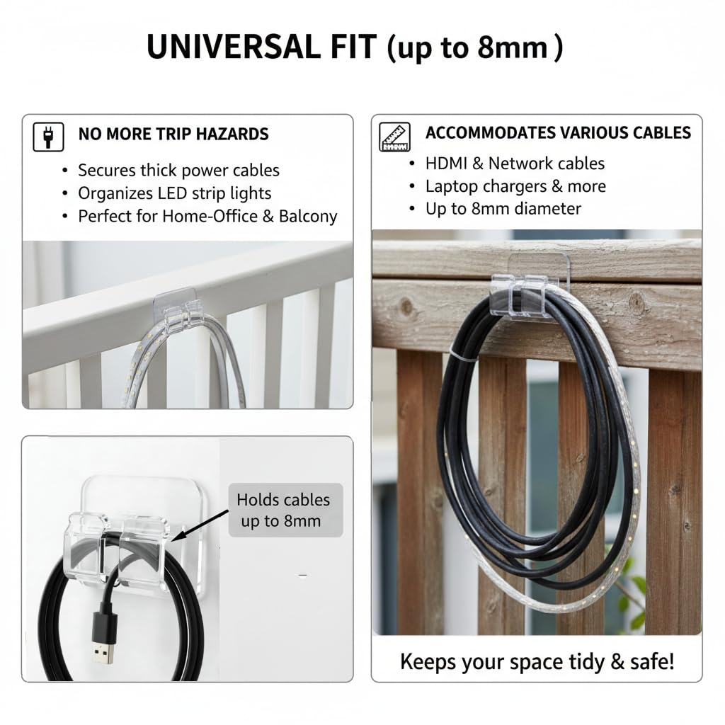 Clips Câble Adhésifs Ultra-Forts pour Extérieur et Intérieur | Crochets Gestion Câbles Guirlandes Lumineuses TV PC Ethernet