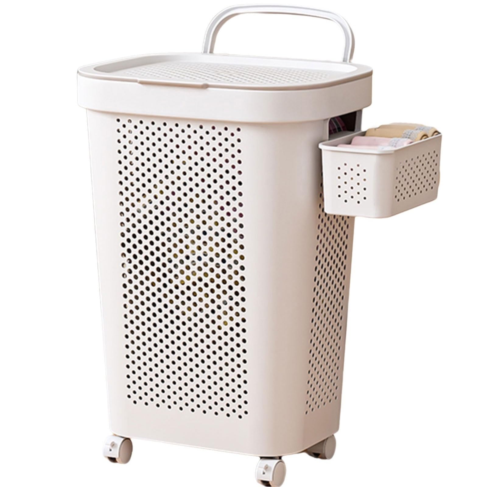 Cesto portabiancheria bianco con coperchio, design rotante, sistema frenante, facile da montare, rotondo, in plastica, colore grigio, perfetto per vestiti