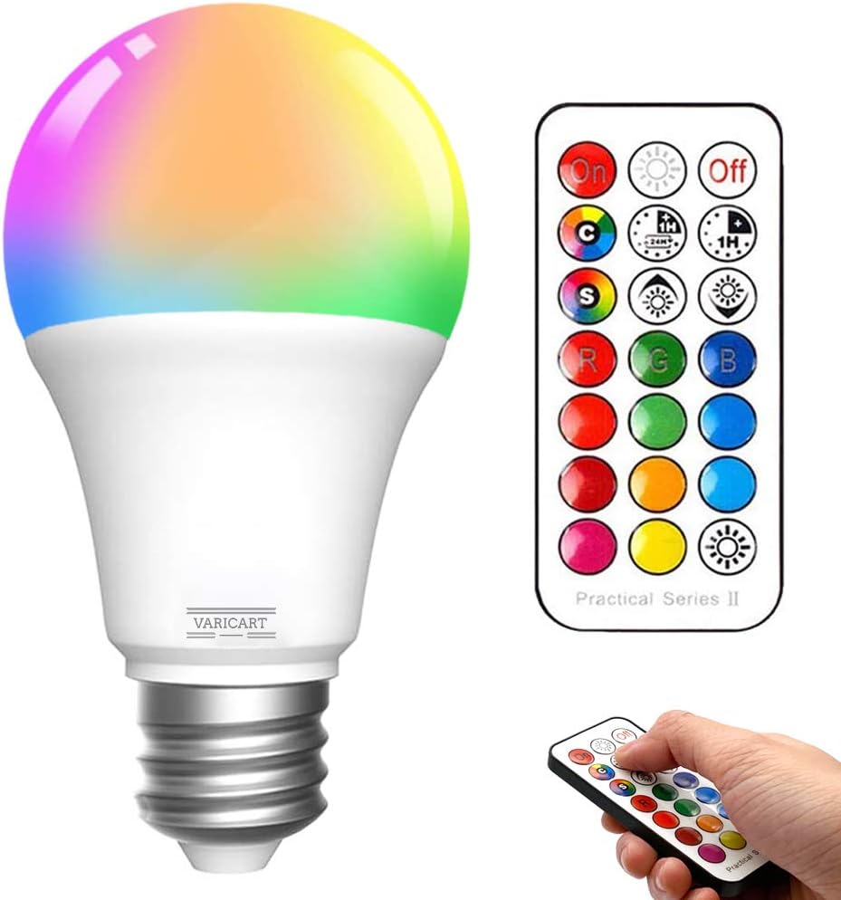 VARICART E27 Colour Changing Light Bulb, 10W RGB LED Light Bulbs with Remote Control Dimmable