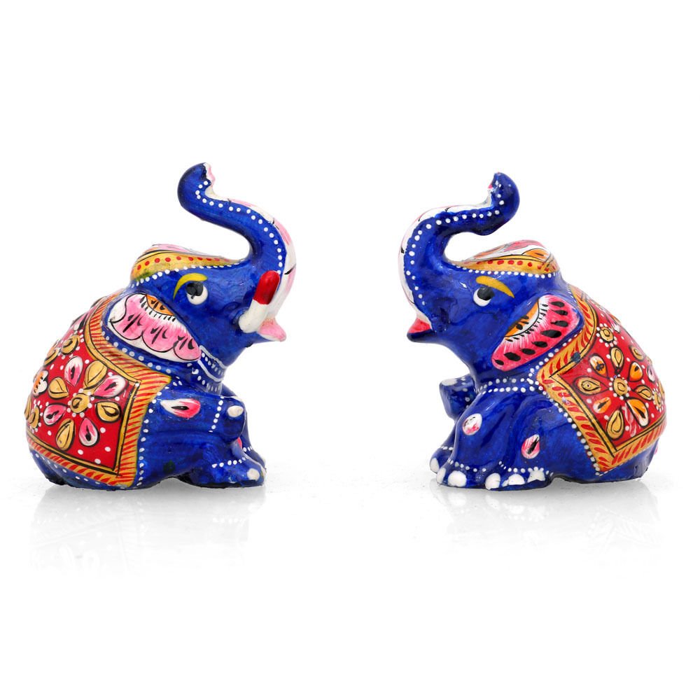 CraftVatikaMetal Painted Pair Elephant Figurine Lucky Trunk Up Elephant Animal Decor Statue Thai Elephant Statue