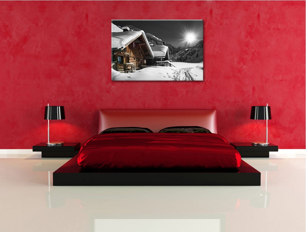 belle neige Alpes huttes noir / blanc Taille: 120x80 sur toile, énorme XXL Photos complètement encadrée avec civière, art impression sur murale avec cadre, moins cher que la peinture ou la peinture à l'huile, aucune affiche ou un poster