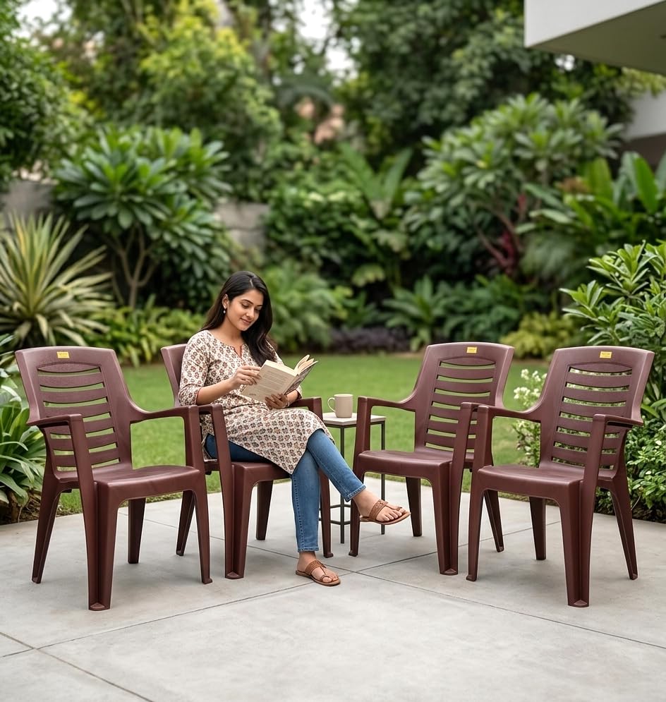 Image of Patiofy Plastic Chair for Home & Outdoor Use | Heavy Duty Comfortable Chair with Strong Legs | Stackable, Easy to Clean | Suitable for Living Room, Balcony, Patio Pack of 4 (Maxim Brown)