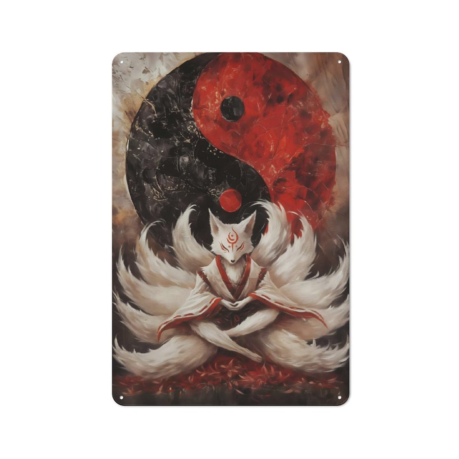 Junmoney Style-18 Vintage Tin Sign 30X20cm With Nine-Tailed Fox Yin Yang For Garage Or Workshop, For Vintage Wall Decor Fans, For Garage And Workshop Walls
