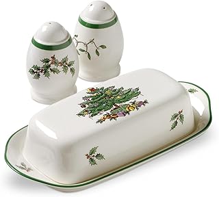 Spode Christmas Tree 3-Piece Hostess Set – Butter Dish with Lid, Salt Shaker & Pepper Shaker – Festive Earthenware for Christmas & Holiday Entertaining – Dishwasher Safe Gift Set