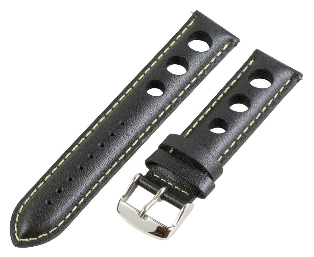 Clockwork Synergy, LLC 22mm Rally 3-hole Smooth Black/L Green Leather Interchangeable Replacement Watch Band Strap