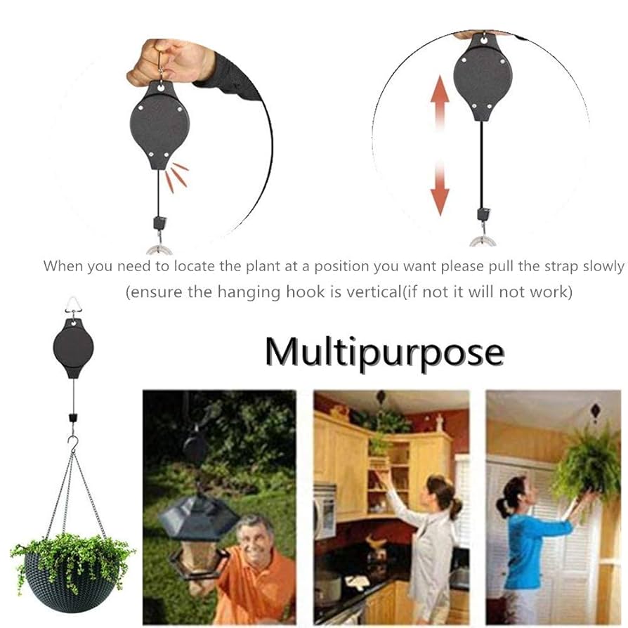 4 Pack Plant Pulleys Retractable Hanger, Easy Reach Plant Pulley Retractable Hanger Easy Reach Pulley Adjustable Height Wheel Hanging Plants Heavy Duty Indoor Outdoor Hanger Garden Baskets Pots