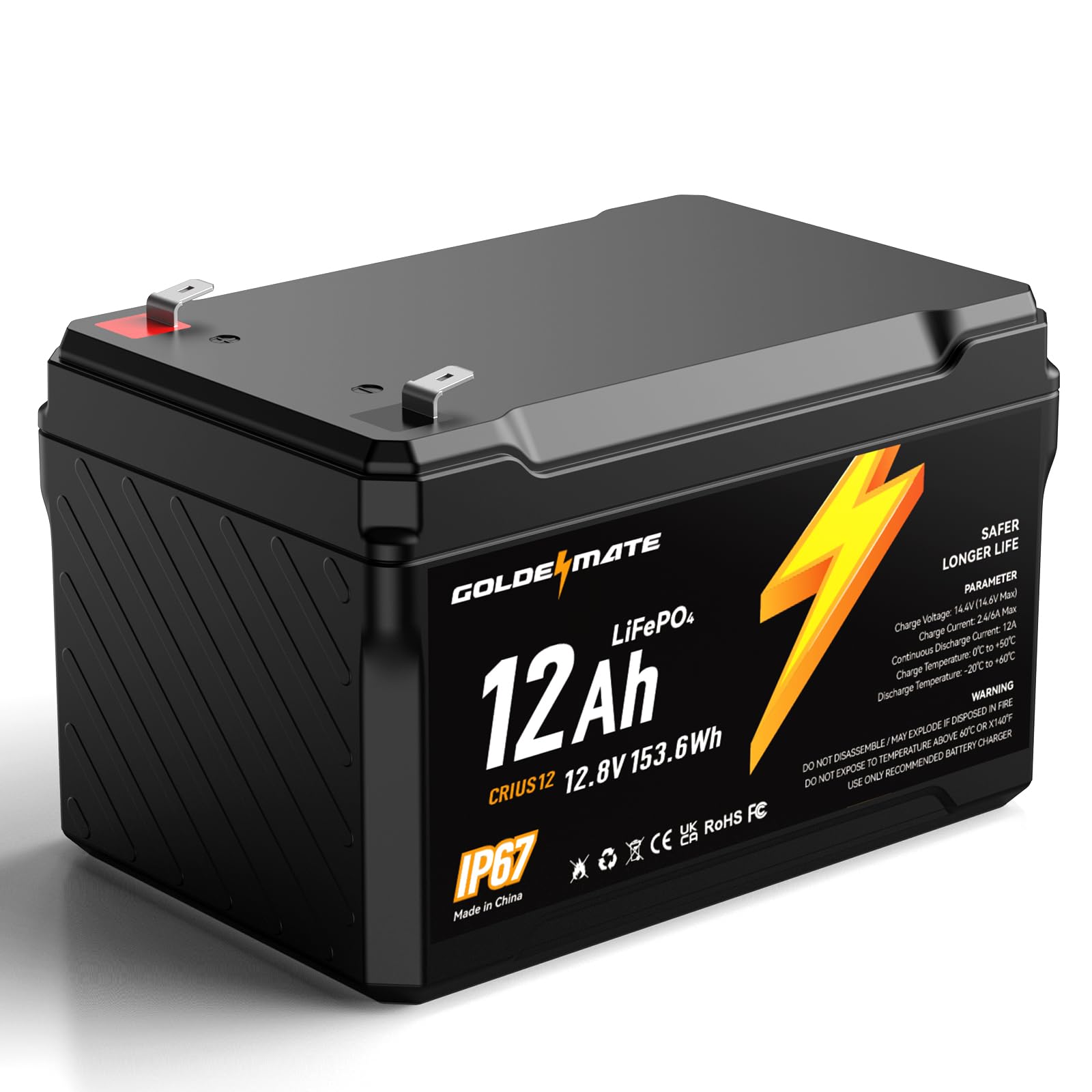 GOLDENMATE 12V 12Ah LiFePO4 Lithium Battery, 5000+ Deep Cycles, IP67 Waterproof Lithium Iron Phosphate Battery, Built-in BMS, Ideal for Power Wheels, Solar, Marine, Fish Finder, Ride-on Toy, Camping