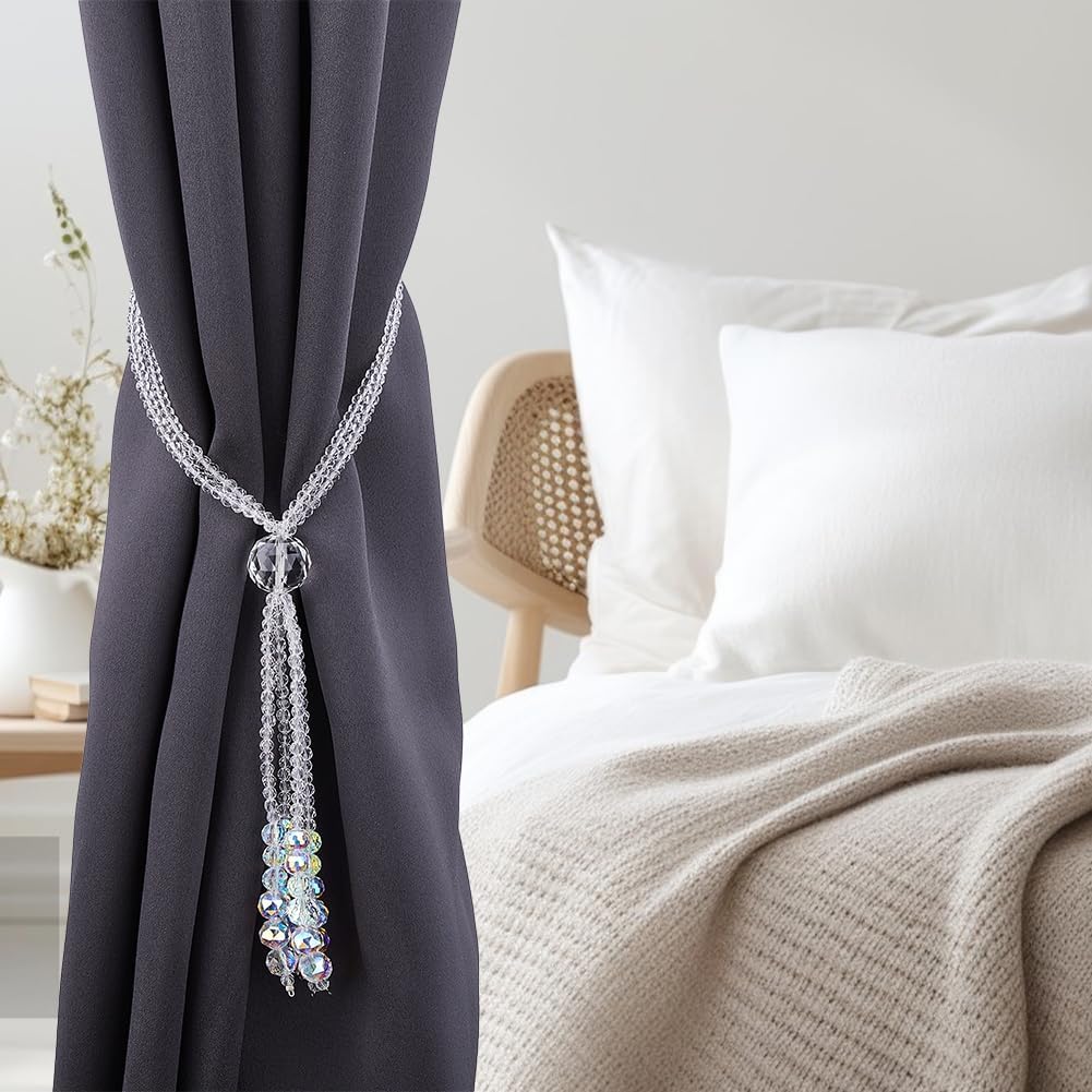 SUPERFINDINGS 4Pcs Crystal Beaded Curtain Tieback Window Holdbacks Holders Tie Backs Drapery Holdbacks Clear Farmhouse Decorative Curtain Holdback Clips for Home Office Room Decor