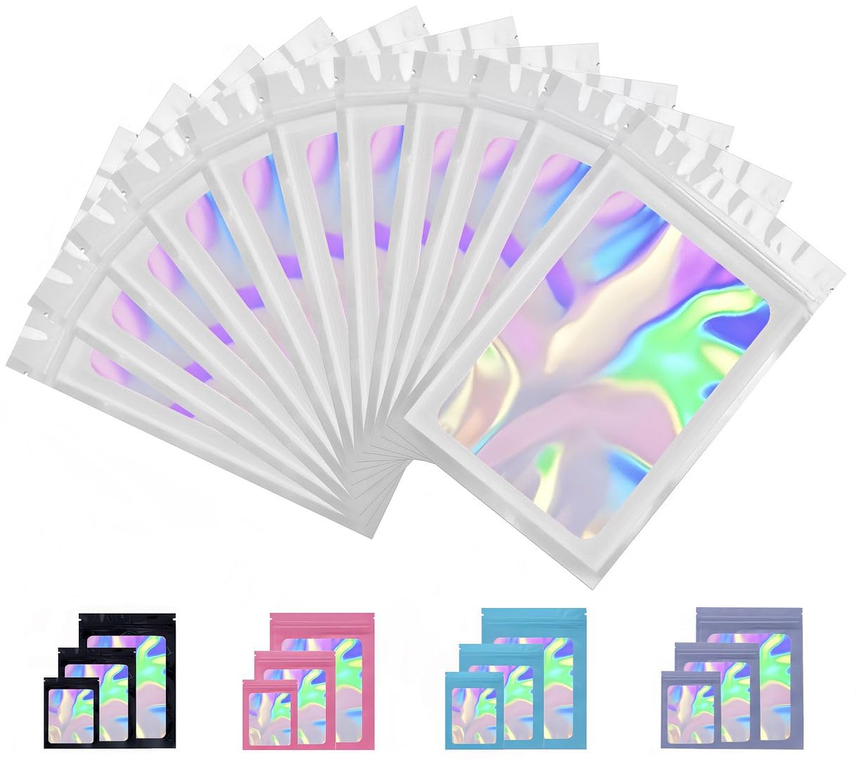 Rimiko 150pcs Ziplock Mylar Bags with Clear Window, Resealable Holographic Bags, Self-Sealing Aluminum Foil Pouches for Packaging and Food Storage (Holographic White, 4.1"x5.9")