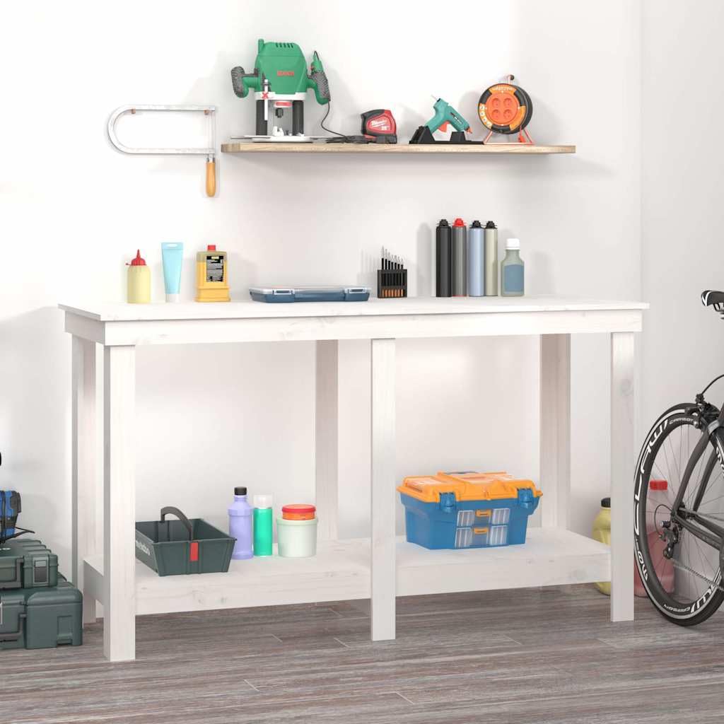 Banco de trabajo blanco 140 x 50 x 80 cm de pino macizo con mucho espacio de almacenamiento, encimera, almacenamiento de herramientas, mesa de montaje, ideal para garaje, taller