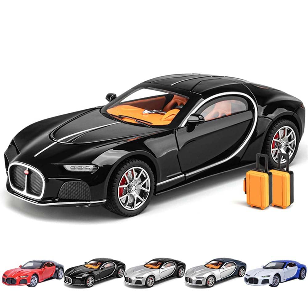 Model Car 1/24 Bugatti Toy Car, Atlantic Alloy Die Cast Cars Model Car for Kids Birthday Christmas Party Gift, Pull Back Toy Cars with Sound and Light (Black)