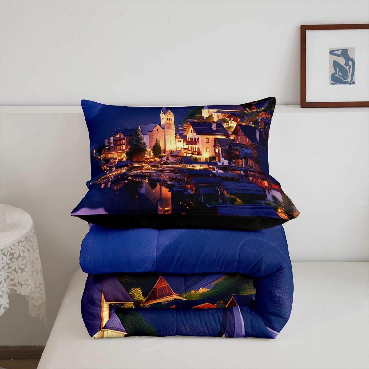 Feelyou Beautiful Scene Comforter Set Queen Size Holiday Comforter for Boys Girls Teens Night Light Bedding Set Gothic Duvet Set Room Decor Dark Purple Quilt Set